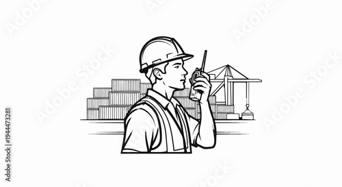 A dockworker in a hard hat and vest communicates via radio at a busy port