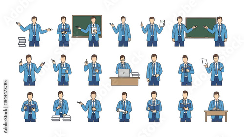 Illustrations of educator in classroom activity: A set of illustrations presenting a teacher in different teaching gestures such as presentation, writing, demonstration.