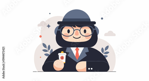 A cartoon character in a suit and hat with glasses holding a coffee cup