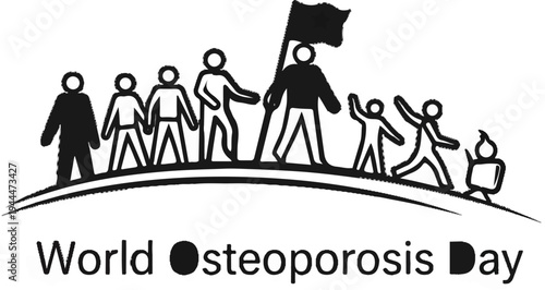 A procession of diverse stick figures marches with a flag, symbolizing unity and progress