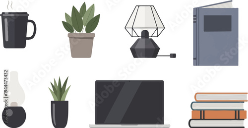 A collection of home and office items, including a laptop