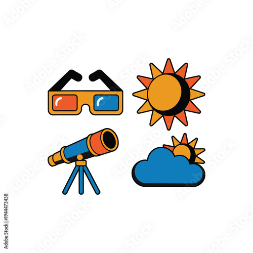 Telescope vector illustration with sun and eclipse glasses icon set