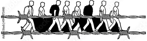 A procession of stylized figures walks over barbed wire