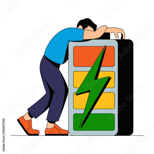 A man pushing a large battery with a green lightning bolt on it