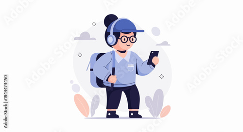 A person in a hat, glasses, and headphones holds a phone while carrying a backpack