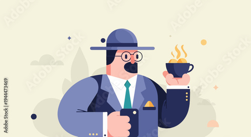 A gentleman in a hat and suit holds a steaming cup of coffee and a phone