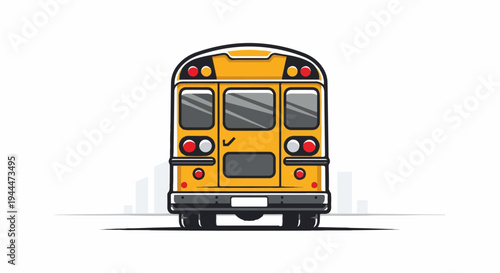 A rear view of a classic yellow school bus with lights and windows, against city silhouette