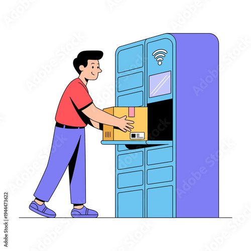 A man putting a package into a self-service parcel locker machine
