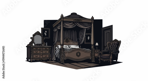 Ornate bedroom with canopy bed, dresser, armchair, and door