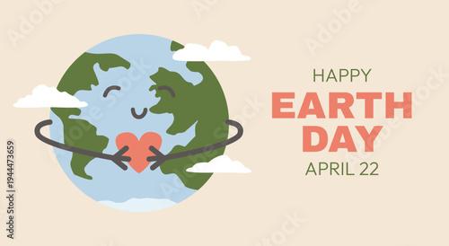 Happy Earth Day vector banner. Cute flat illustration of the Earth holding heart. Eco friendly conceptual design dedicated to environmental awareness and caring for the planet.