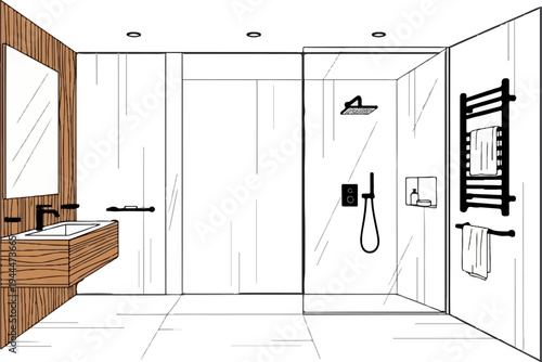 Modern bathroom with wooden vanity, glass shower, and heated towel rack