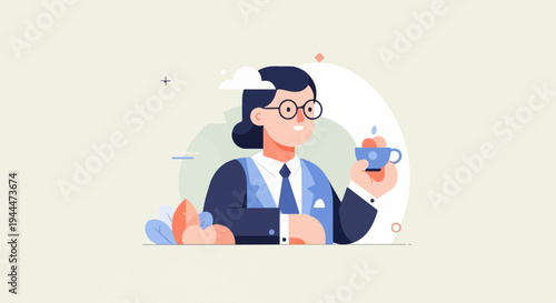 A person in a suit and tie holding a cup with fruit, with decorative elements