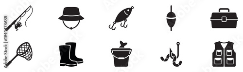 Fishing equipment and tackle icon set. Vector flat symbols of fishing rod, lure, bait, and outdoor activity gear. Vector Illustration.