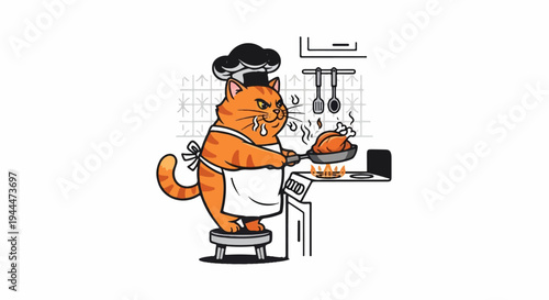 A cartoon cat in a chef's hat and apron cooks a chicken on a stove