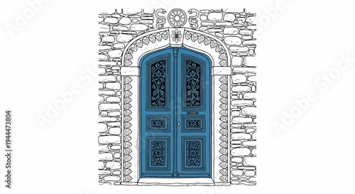 Ornate blue double doors set into a rustic stone wall with detailed carvings above