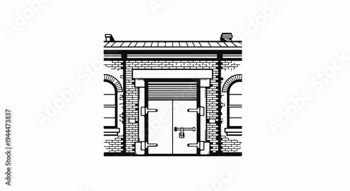 Ornate brick building facade with double doors and barred windows