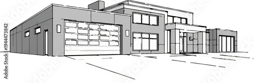 Modern home sketch with large garage, multiple windows, and covered entrance