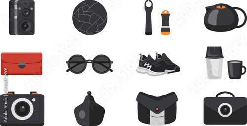 A collection of everyday objects including a speaker, sunglasses, shoes, bags, and a camera