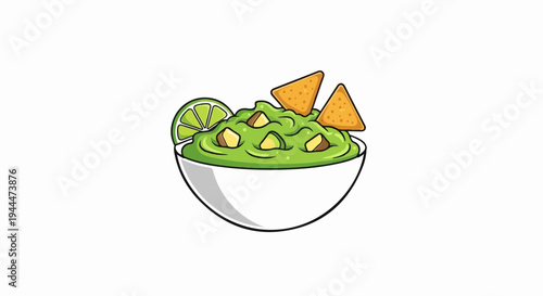 A cartoon bowl of guacamole with chips and lime slice
