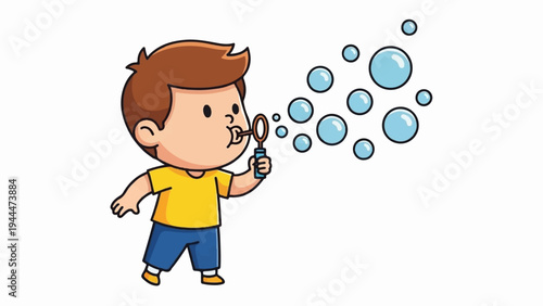A cartoon boy in a yellow shirt blows bubbles on a white background