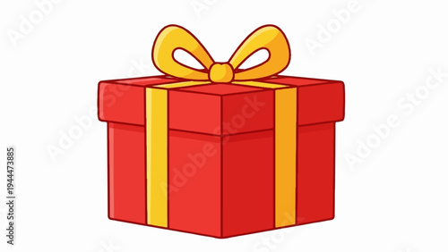 A red present with a yellow ribbon tied in a bow on top