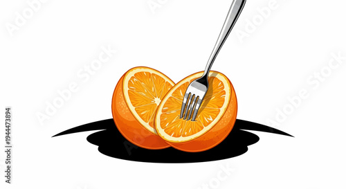 A fork pierces a halved, juicy orange, casting a dark shadow