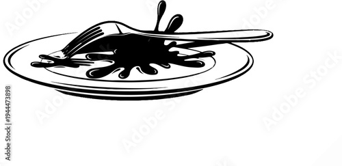 A fork digging into a black splattered substance on a plate