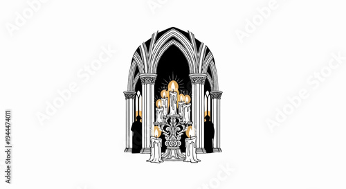 Ornate candelabra illuminated by glowing candles within Gothic arches