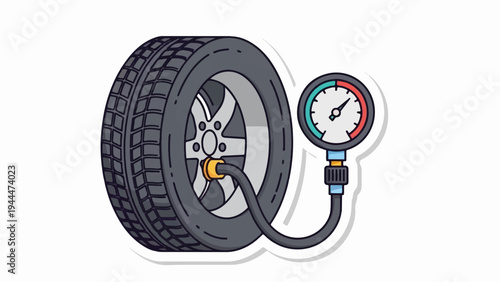 A car tire is connected to a pressure gauge with a hose