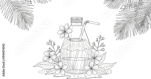 A refreshing coconut drink adorned with tropical flowers and palm fronds