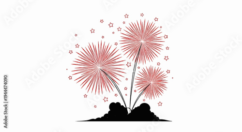 A festive display of red fireworks erupting against a white sky with stars