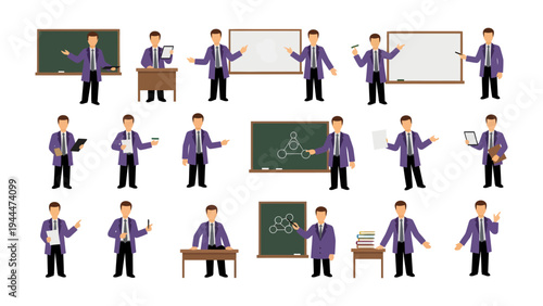 Science Educator: A collection of educational illustration, showing educator at the front of the class in various teaching postures. Capturing teaching essence.