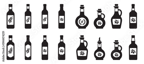 Olive oil bottle icons. Glass bottles with olive branches labels for mediterranean food, cooking and organic products. Vector Illustration.