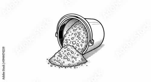 A bucket tipped over, spilling granular material with small stones