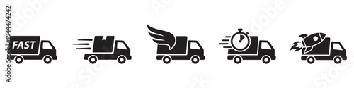 Delivery Truck icon set. Express delivery trucks icons. Fast shipping truck. Free delivery 24 hours. Logistic trucking sign. Vector illustration. Vector Graphic. EPS 10