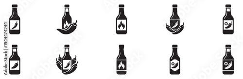 Hot chili sauce bottle icons. Spicy pepper condiment symbols with fire and chili pods for mexican food and kitchen design. Vector Illustration.