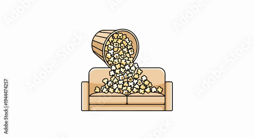 A bucket of popcorn spills onto a cozy couch