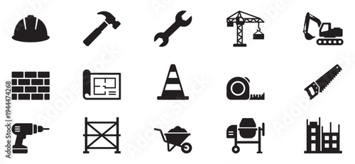 Construction tools and building icon set. Black flat vector symbols for industrial work. Vector Illustration.