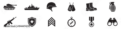Military and army icon set. War equipment silhouettes including tank, battleship, weapon, helmet and soldier badges. Vector Illustration.