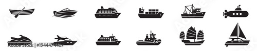 Ship and boat icon set. water transport symbol. vessels for sea travel and transportation. Vector Illustration.