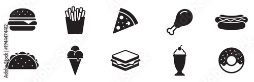 Fast food and junk food icon set. Vector flat illustrations of burger, pizza, hot dog, french fries, and snacks isolated on white. Vector Illustration.