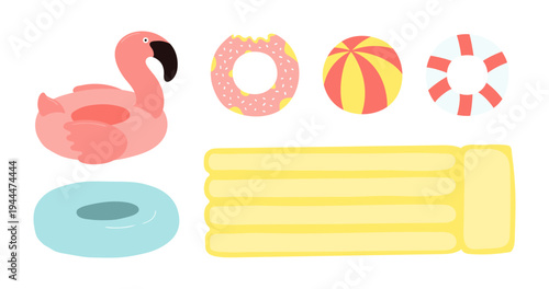 Pool raft, flamingo float, inflatable ring, beach ball, resort objects illustration isolated set. Seasonal design element, summer holidays, vacations. Flat clip art collection, hand drawn vector