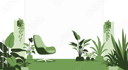 Modern interior with a sleek chair and lush greenery, minimalist design