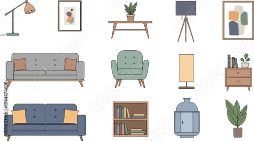 A collection of modern interior design elements including furniture, lamps, art, and plants