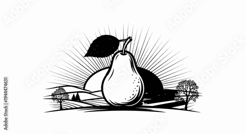 Pear with sunrise and rural landscape