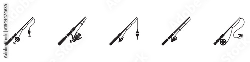 Fishing rods and spinning tackle icon set. Black flat vector silhouettes of fishing equipment. Vector Illustration.