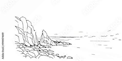 Pen and ink sketch of a rocky coastline with the sea stretching to the horizon