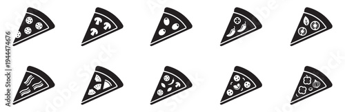Pizza slice icon. Pizza icon vector set. Pizzeria illustration sign collection. Fast food symbol. Food logo. Vector Illustration.