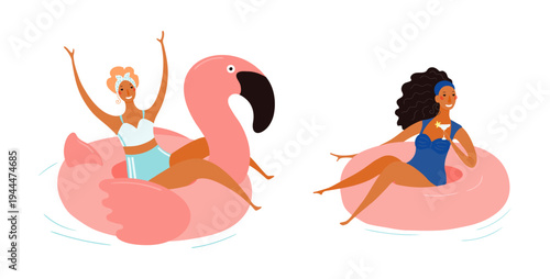 Women in swimsuit, riding flamingo, ring float illustration isolated set. Summer holidays, vacations, resort, beach. Flat design element, cartoon character collection, hand drawn vector clip art