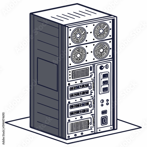 A large computer server with multiple fans and disk drives